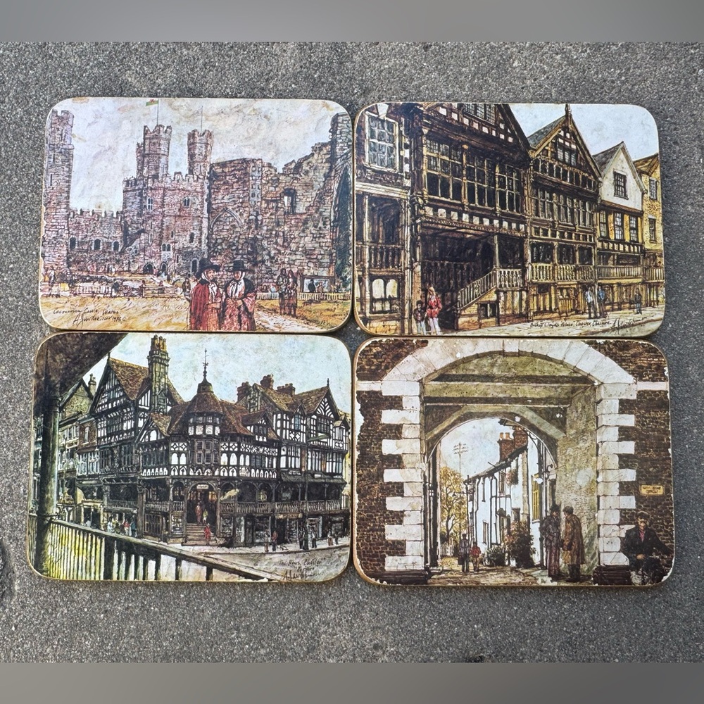 SET OF 4 Vintage Old English Cityscape Art Coasters